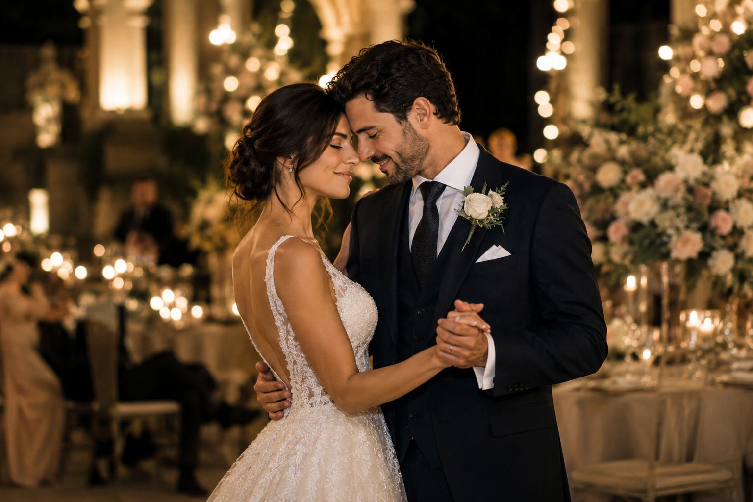 Primer baile de los novios con luz romántica